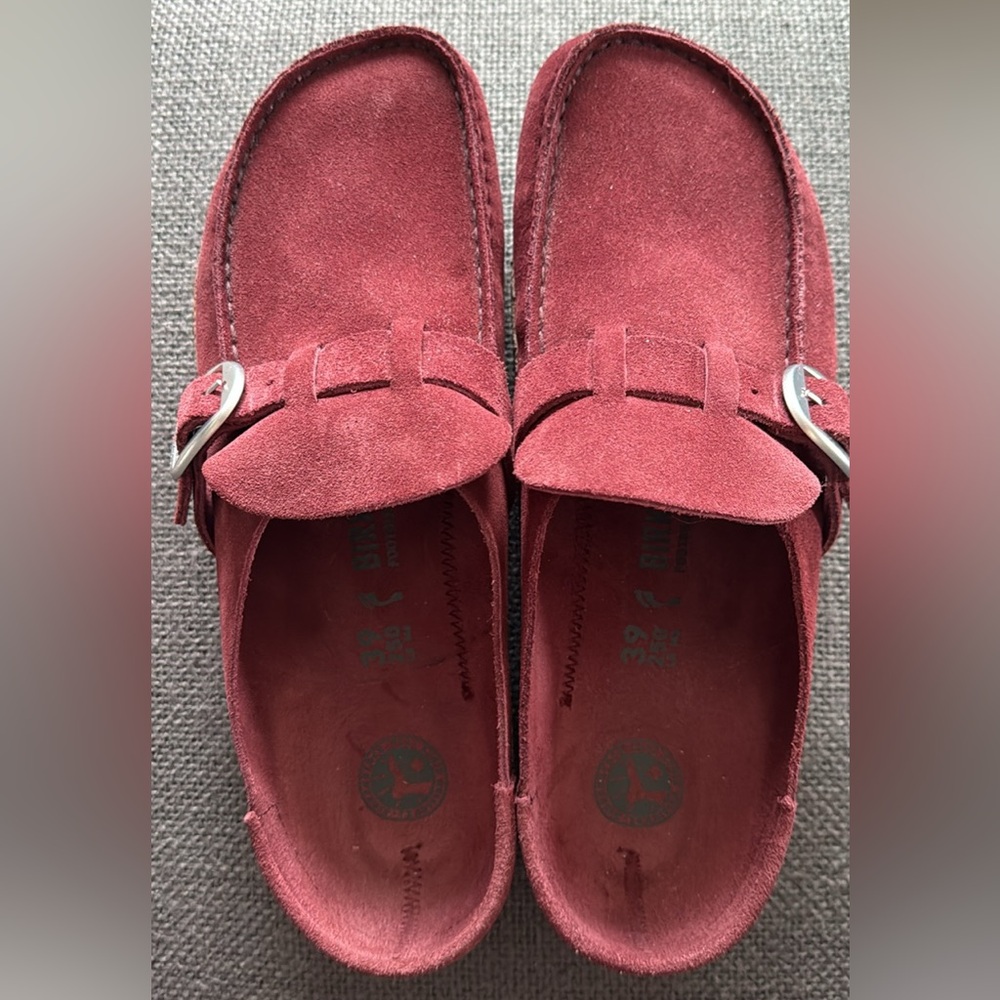 Birkenstock Women’s Suede Buckley Clogs in Burgundy with Silver Buckle Accent